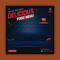 pittig en heerlijk eten menu social media post ontwerpsjabloon voor restaurant of fastfood bedrijf vector