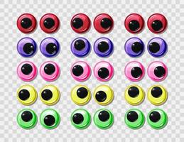 veelkleurige grappige plastic ogen voor speelgoed, marionet en poppenkarakter op een transparante achtergrond. ronde kleurrijke oogbollen grote vector set. cartoon design ambacht en naaien ontwerpelementen.