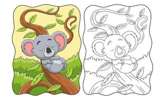 cartoon illustratie slapende koala leunend op een boomstam in het midden van het bos overdag boek of pagina voor kinderen vector