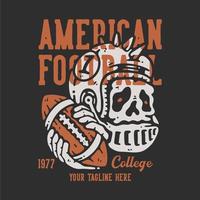 t-shirtontwerp Amerikaans voetbal 1977 college met schedel die voetbalhelm draagt en rugbybal vasthoudt met grijze achtergrond vintage illustratie vector