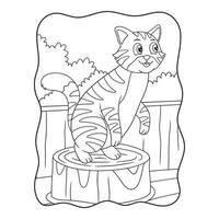 cartoon afbeelding een kat staande op een stuk hout dat achter een houten hek staat op een boerderij boek of pagina voor kinderen zwart-wit vector