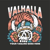 t-shirt ontwerp valhalla met schedel viking hoofd en grijze achtergrond vintage illustratie vector