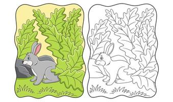 cartoon illustratie konijnen die op zoek zijn naar voedsel en beschutting onder de bladeren van een grote boom vanwege de hete zon boek of pagina voor kinderen vector