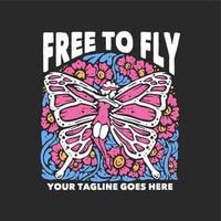 t-shirtontwerp vrij om met vliegende vlinderpixie en grijze vintage illustratie als achtergrond te vliegen