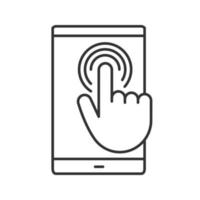smartphone touchscreen lineaire pictogram. dunne lijn illustratie. dubbeltik aanraakgebaar. mobiele telefoon. contour symbool. vector geïsoleerde overzichtstekening