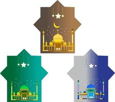 het concept van de eid al adha-moskee met minimalistische icons.eid al-adha typografie. gestructureerd papier met halve maan en moskee met religieuze elementen. vector