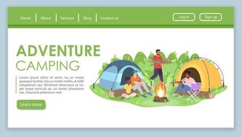 avontuur camping bestemmingspagina vector sjabloon. openluchtrecreatie website-interface idee met platte illustraties. lay-out van de startpagina van het toerismebureau. wandelreis webbanner, webpagina cartoon concept