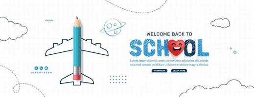 terug naar school horizontale banner met kleurpotlood vliegtuig. online cursussen, leren en tutorials webpaginasjabloon. online onderwijsconcept vector