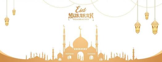 eid mubarak gouden creatieve omslag achtergrondontwerp met moskee en islamitische lamp vector