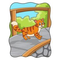 cartoon illustratie kat die op een houten brug loopt en naar de waterput kijkt vector