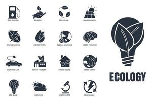 set van milieu-ecologie pictogram logo vectorillustratie. milieuvriendelijk pakket. groen huis, elektrische auto, waterkracht en enz. Symboolsjabloon voor grafische en webdesigncollectie vector