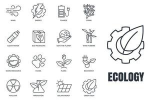 set van milieu-ecologie pictogram logo vectorillustratie. milieuvriendelijk pakket. zonne-energie, windturbine, nucleair, waterbron en enz. Symboolsjabloon voor grafische en webdesigncollectie vector