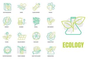 set van milieu-ecologie pictogram logo vectorillustratie. milieuvriendelijk pakket. zonne-energie, windturbine, nucleair, waterbron en enz. Symboolsjabloon voor grafische en webdesigncollectie vector