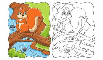 cartoon afbeelding een eekhoorn zittend op een omgevallen boomstam boven een rivier met een prachtig uitzicht boek of pagina voor kinderen vector