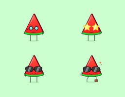 set van schattige watermeloen slice karakter met serieuze, glimlach en bril uitdrukkingen. geschikt voor emoticon, logo, symbool en mascotte vector