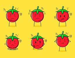 verzameling van schattige tomaten stripfiguur met denkende uitdrukkingen. geschikt voor emoticon, logo, symbool en mascotte vector