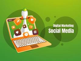 social media marketing met laptop en raket social media marketingconcept vector