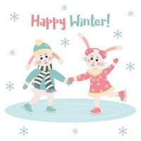 schattige konijnen jongen en meisje schaatsen. gelukkig wintercitaat en sneeuwvlokken. vector