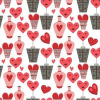 Valentijnsdag naadloos patroon met roze en rode harten, snoepjes, cupido's, diamanten en vogels. vectorillustratie. vector