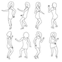 set schets inkt hand getrokken dansende krullende dames in verschillende poses. doodle collectie van vrouwelijke dansers contouren, disco party karakters. vectorillustratie van bewegende lichamen vector