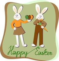 vrolijk pasen briefkaart konijn, eieren, wortel, één regel tekst vectorillustratie vector