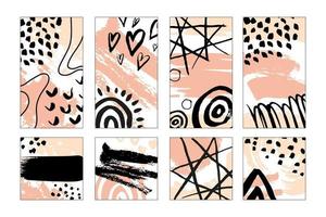 pictogrammen voor verhalen op sociale media. handgetekende sjablonen. vector abstracte achtergronden. set van verschillende covers. verschillende vormen, lijnen, vlekken, stippen doodle objecten.