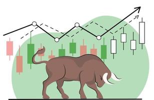 bullmarkt betekent snelle groei, is geworteld in de hoofden van mensen en wordt actief gebruikt door de cryptogemeenschap. stiersymbool en een grafiek van de snelle groei van de cryptovaluta. vector plat