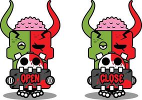 stripfiguur kostuum vector illustratie schattig zombie demon mascotte houden open close board