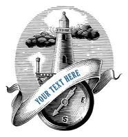 vuurtoren met kompas logo hand tekenen vintage gravure stijl zwart-wit illustraties geïsoleerd op een witte achtergrond vector