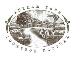 landschap van dierenboerderij logo hand tekenen vintage gravure stijl zwart-wit illustraties geïsoleerd op een witte achtergrond