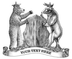 stier en beer vechten hand tekenen vintage gravure stijl zwart-wit illustraties geïsoleerd op een witte achtergrond vector