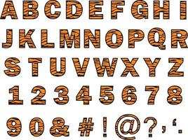 alfabet met tijger huidtextuur. tijger alfabetten en cijfers op een witte achtergrond. tijger lettertype. vector