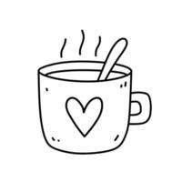 schattig kopje warme koffie met lepel geïsoleerd op een witte achtergrond. vector handgetekende illustratie in doodle stijl. perfect voor kaarten, menu, logo, decoraties.