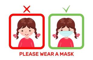 schattig meisje met medisch masker en zonder masker in cartoon stijl geïsoleerd op een witte achtergrond. poster of spandoek met kind in rookgasmasker. stop epidemisch concept. vectorillustratie. vector