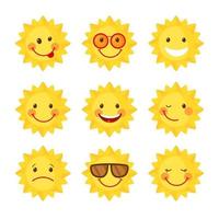 set van schattige zon pictogrammen in vlakke stijl geïsoleerd op een witte achtergrond. emoji. lachende cartoon zomer emoticons. vectorillustratie. vector