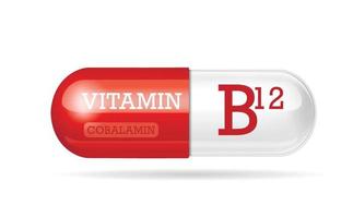 vitamine b12. cyanocobalamine. tweekleurige capsule op een witte achtergrond. vector illustratie