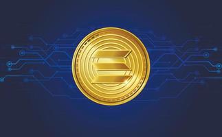 solana sol token symbool. gouden realistische cryptocurrency munt op blauwe crypto zakelijke achtergrond. digitale valuta. digitale munt. poster. vector illustratie