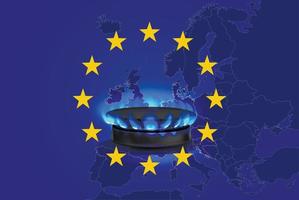 gascrisis in de eu. brandende gasvlam van een gasfornuis tegen de achtergrond van een kaart en de vlag van de europese unie. zakelijke spandoek. vector illustratie
