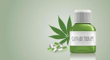 cannabistherapie, medicinale cannabisolie in een fles met marihuanablad en pillencapsules op een klassieke groene achtergrond met kleurovergang. ruimte kopiëren. vector illustratie
