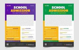 school toelating flyer ontwerp. terug naar school flyer ontwerpset. terug naar school toelating promotie flyer. school toelating zakelijke flyer sjabloon met groene, paarse en gele kleur. vector