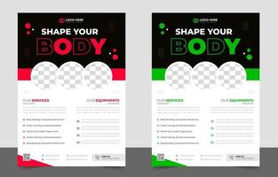 fitness gym flyer sjabloon met zwarte, rode en groene kleur, gym, training, fitness en sport flyer. fitness gym business flyer ontwerp met unieke vorm. vector