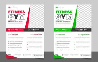 fitness gym flyer sjabloon met zwarte, rode en groene kleur, gym, training, fitness en sport flyer. fitness gym business flyer ontwerp met unieke vorm. vector