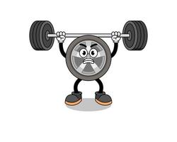 auto wiel mascotte cartoon optillen van een barbell vector