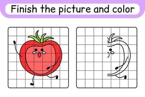maak het plaatje tomaat compleet. kopieer de afbeelding en kleur. maak het beeld af. kleurboek. educatief tekenoefenspel voor kinderen vector