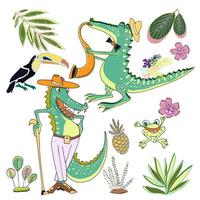krokodillen -jazzmuzikanten, kikker, tropische planten. schattige vector kwekerij set van tropische dieren.
