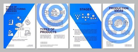 productie bedrijfsrichtlijn blauwe brochure sjabloon. productie van goederen. folderontwerp met lineaire pictogrammen. 4 vectorlay-outs voor presentatie, jaarverslagen. vector