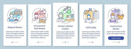 zomer parttime banen onboarding mobiele app paginascherm met lineaire concepten. bouwvakker, caddie, kassier walkthrough stappen grafische instructies. ux, ui, gui vectorsjabloon met illustraties vector