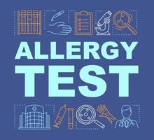 allergie test woord concepten banner. allergische reacties diagnose. symptomen laboratoriumanalyse. presentatie, website. geïsoleerde belettering typografie idee met lineaire pictogrammen. vector overzicht illustratie