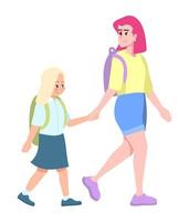 jonge moeder met blonde dochter die naar school gaat, vlakke afbeelding. gelukkige ouder en schoolmeisje hand in hand stripfiguren geïsoleerd op wit. oudere en jongere zussen met rugzak wandelen vector