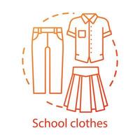 officiële schooluniform concept icoon. elementaire klas student mode idee dunne lijn illustratie. mannen en vrouwen kleding, formele kleding. t-shirt, broek en lange rok vector geïsoleerde overzichtstekening